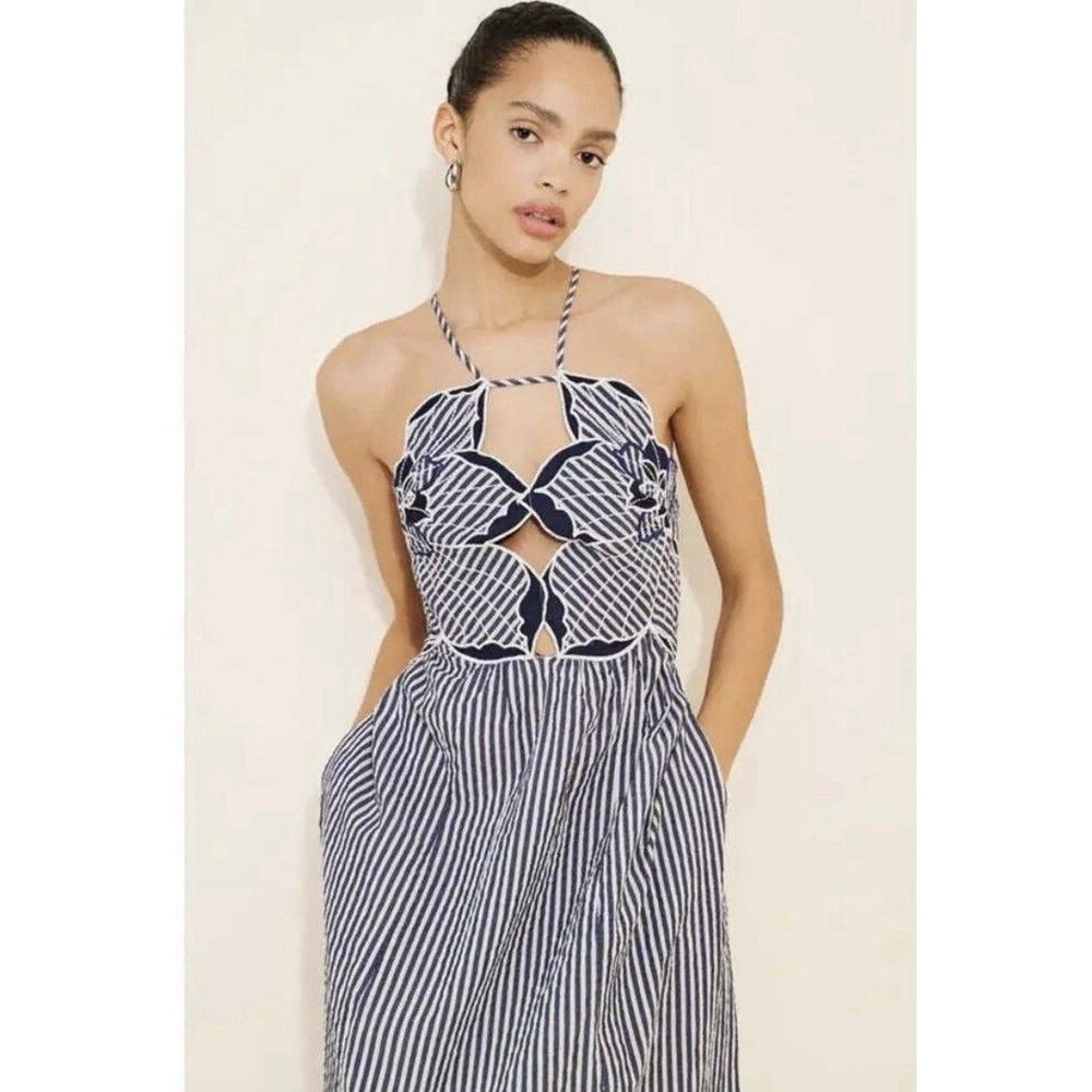 Anthropologie Celandine Dress M Navy White Stripe Floral Applique Maxi NWOT